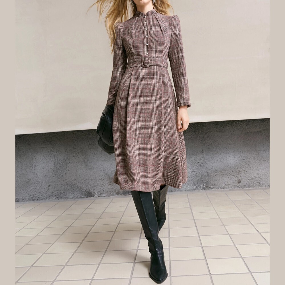 Brown / Gray Prince of Wales Plaid Belted Stand Collar Long Sleeve Midi Dress